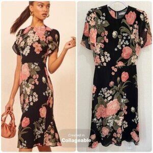 Reformation Floral Andre Feminine Sheath Dress Midi Elegant Moody Chic Casual